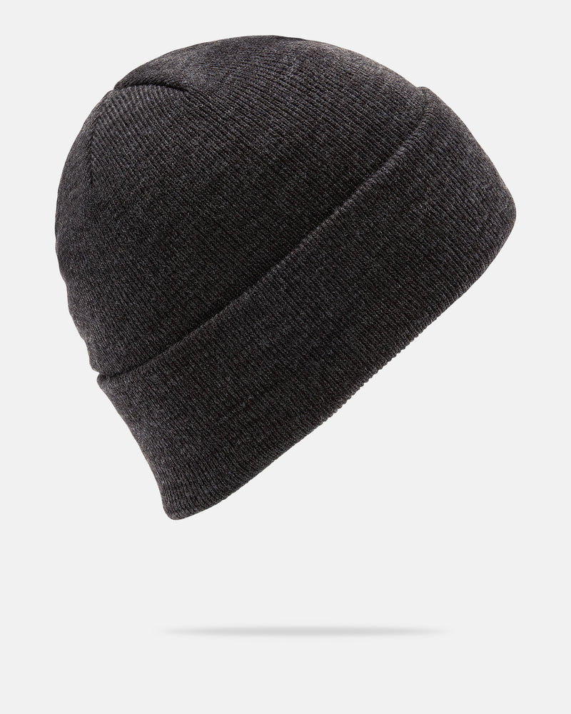 Introducing the Volcom Women’s Scripted Beanie—a dark gray knitted hat with a folded brim, highlighted by stylish 3D embroidered detailing and shown against a white background.