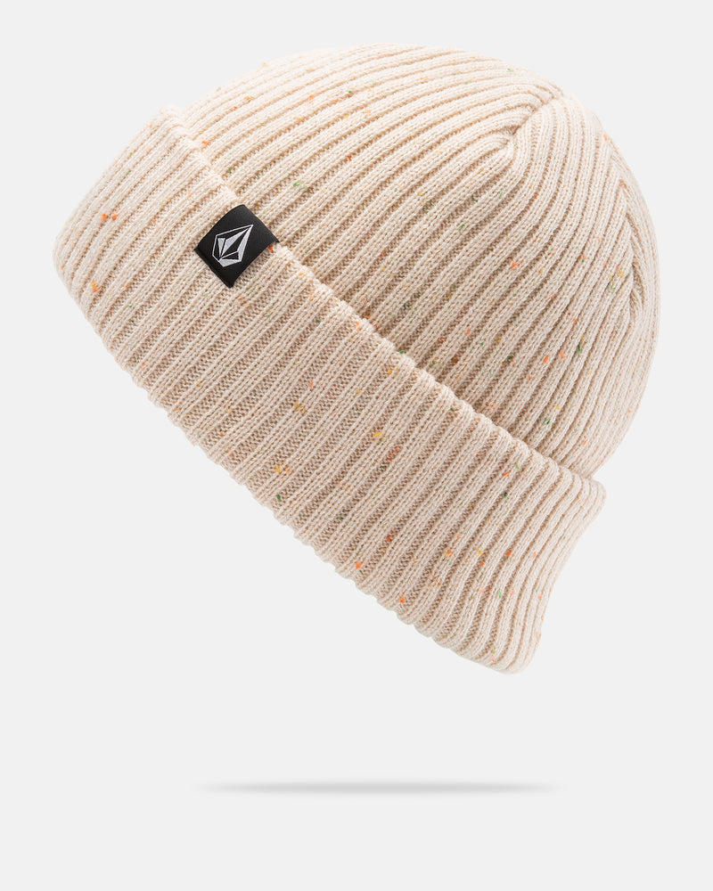 The Women’s Speckled Up Beanie by Volcom is a classic fit beanie in beige ribbed knit, featuring subtle multicolored flecks throughout and finished with a black rectangular tag displaying a white geometric logo, shown against a white background.