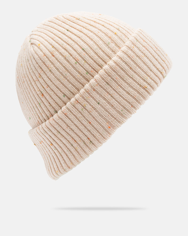 The Women’s Speckled Up Beanie by Volcom is a beige ribbed knit wool-blend beanie featuring a folded brim and delicate multicolored specks, shown against a plain light background with a soft shadow beneath. This classic fit design seamlessly merges comfort and style.