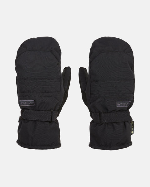 A pair of black Volcom Women’s Peep Gore-Tex Mitts with adjustable wrist straps is displayed on a white background. These mittens feature visible stitching, Thinsulate insulation for added warmth, and a small Volcom logo tag on each mitten.