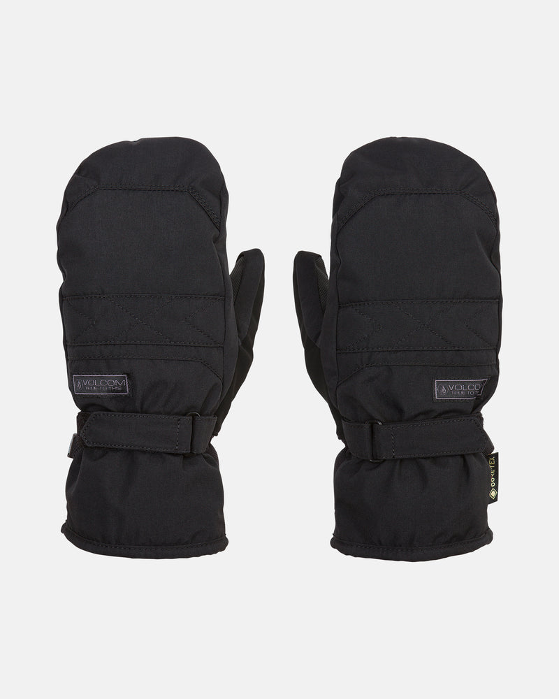 A pair of black Volcom Women’s Peep Gore-Tex Mitts with adjustable wrist straps is displayed on a white background. These mittens feature visible stitching, Thinsulate insulation for added warmth, and a small Volcom logo tag on each mitten.
