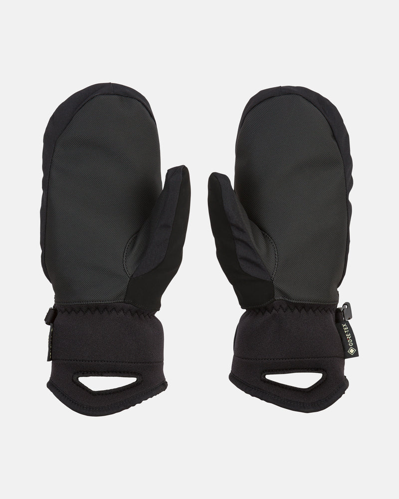 A pair of black Volcom Women’s Peep Gore-Tex Mitts featuring a thumb section and wrist straps, crafted with Thinsulate insulation for cozy comfort, displayed on a white background.