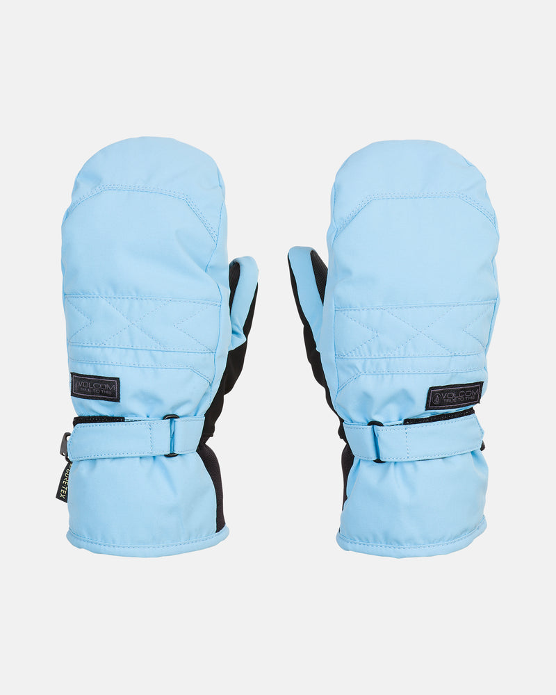 A pair of Volcom Women’s Peep Gore-Tex Mitts in light blue with black accents and adjustable wrist straps, featuring Thinsulate warmth, displayed on a white background.