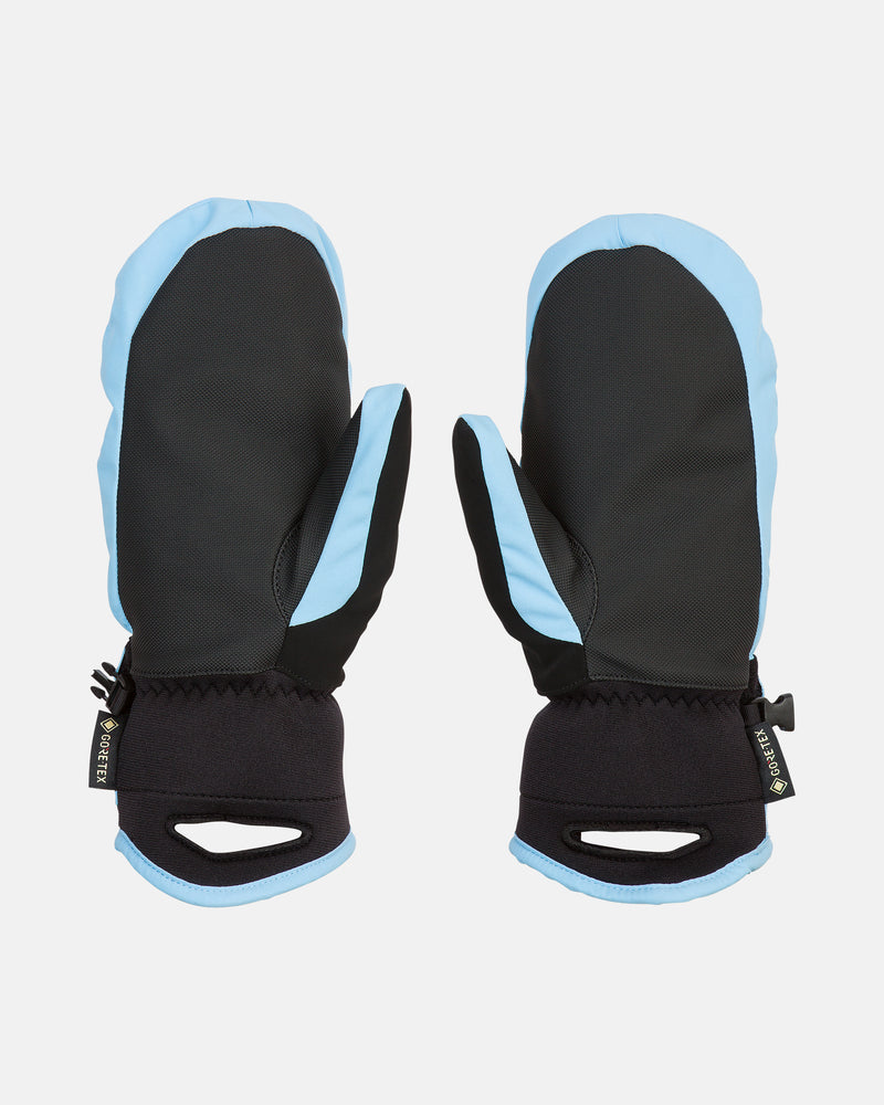 A pair of Volcom Women’s Peep Gore-Tex Mitts in black and light blue, featuring wrist straps, thumb sections, reinforced cuff openings, and reliable Thinsulate warmth, are displayed on a white background.