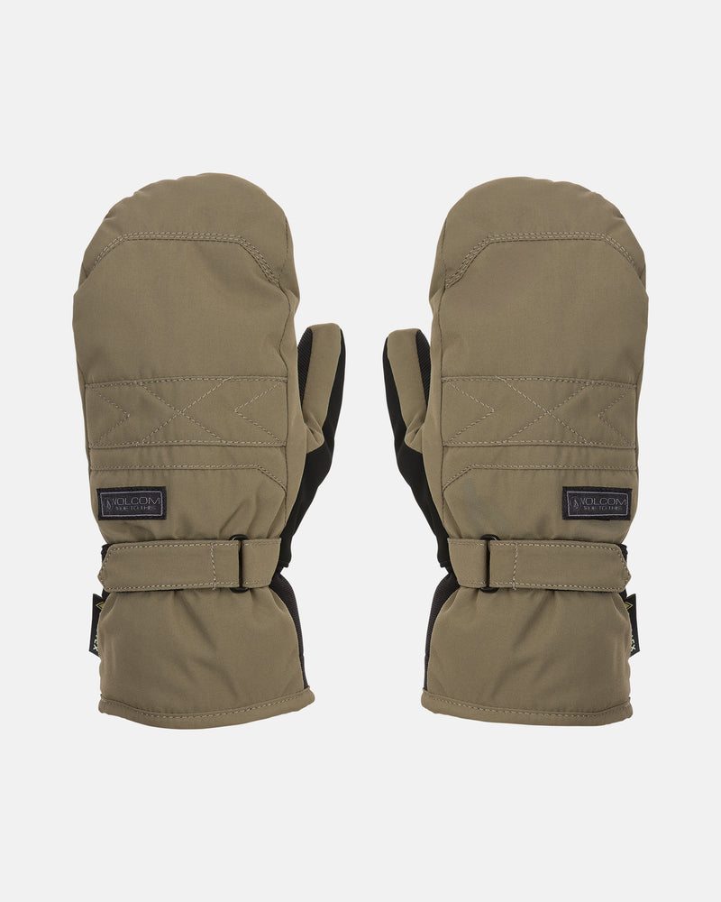 A pair of Volcom Women’s Peep Gore-Tex Mitts in olive green with black palms, adjustable wrist straps, and a small rectangular black logo patch on each mitten. These mittens are shown side by side against a white background.