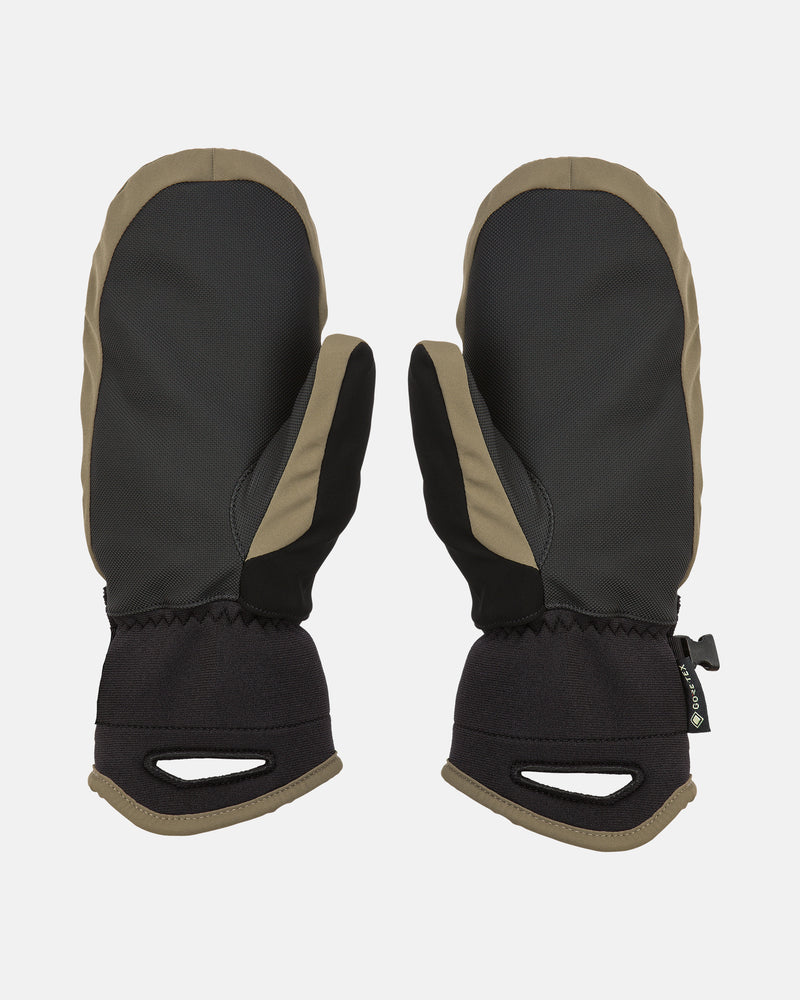 A pair of Volcom Women’s Peep Gore-Tex Mitts in black and olive green, featuring thumb slots and reinforced cuffs, are displayed flat against a white background; these mittens deliver dependable all-weather protection.