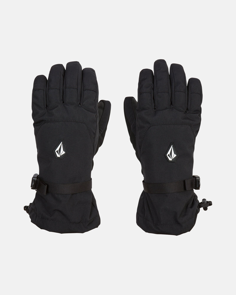 A pair of Volcom Women’s V.Snow Over Gloves in black, designed with waterproof insulation, adjustable wrist straps, a subtle geometric logo on the back of each hand, and durable grip palms for added security, displayed on a white background—ideal as women’s ski gloves.