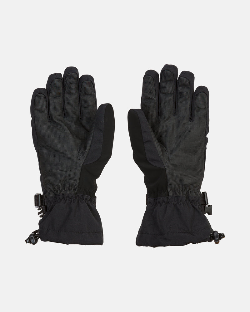 A pair of Volcom Women’s V.Snow Over Gloves in black, featuring adjustable wrist straps and durable grip palms, are displayed with the palms facing down on a white background.