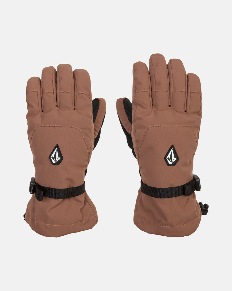 A pair of Volcom Women’s V.Snow Over Gloves in brown with black adjustable straps and a black and white geometric logo on the back of each hand, featuring waterproof insulation and durable grip palms, displayed on a white background.
