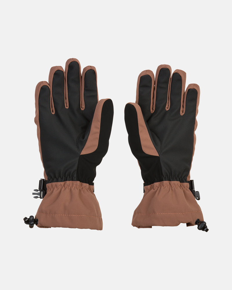 A pair of Women’s V.Snow Over Gloves by Volcom in brown and black, designed with elastic wrists, adjustable straps, and durable grip palms, are shown with the palms facing up against a plain white background.