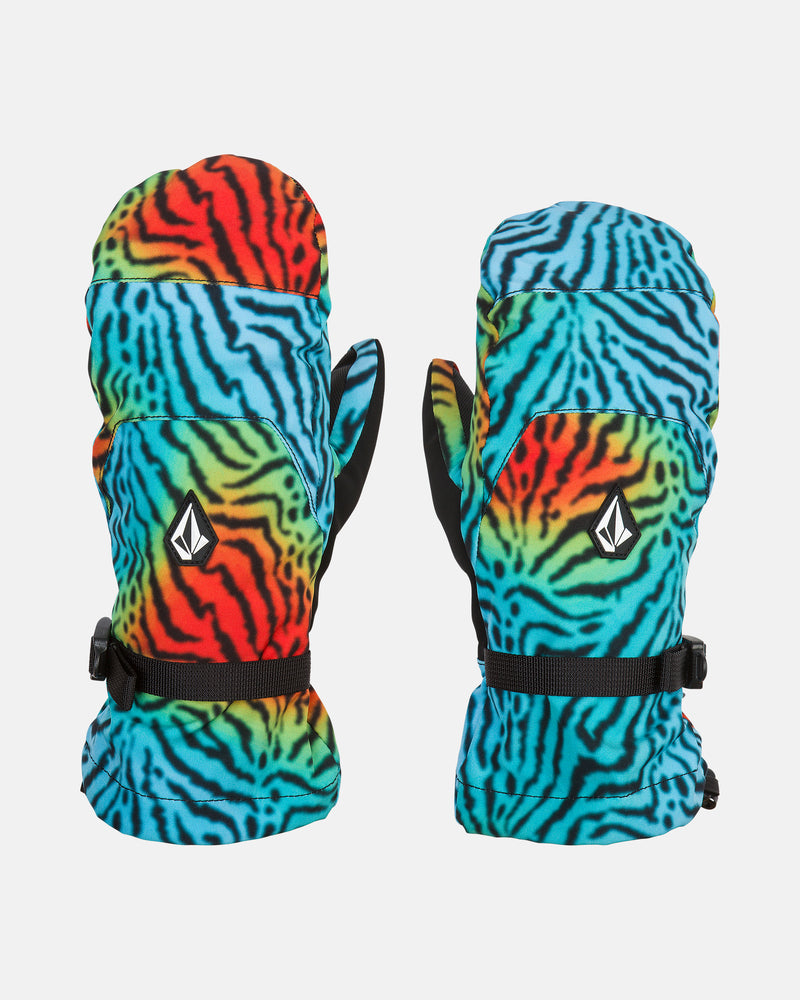 Two brightly colored Women’s V.Snow Over Mitts by Volcom, featuring rainbow tiger-stripe patterns, adjustable black straps, and a white geometric Volcom logo on each mitten, displayed on a plain white background.