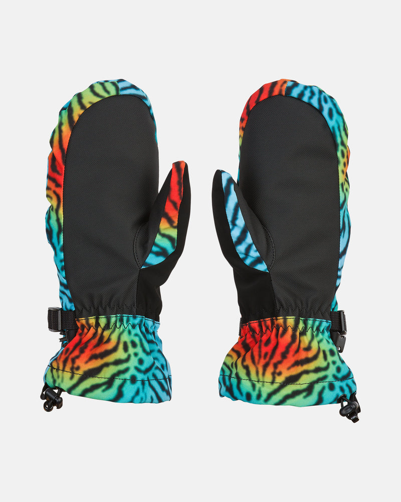A pair of Volcom Women’s V.Snow Over Mitts featuring a black palm and a vibrant, rainbow tie-dye pattern with black-striped edges and cuffs, shown against a white background.