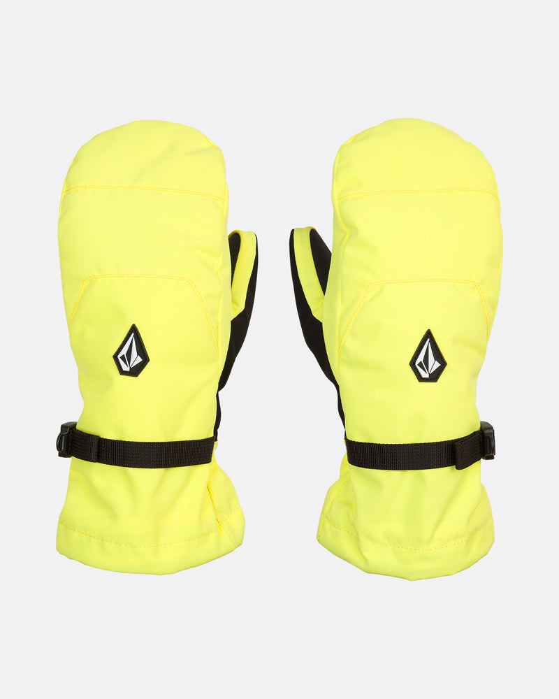A pair of Volcom Women’s V.Snow Over Mitts in bright yellow, featuring black wrist straps and black logo patches on the back, displayed on a plain white background. These insulated mittens are crafted to keep your hands warm and comfortable in cold weather conditions.