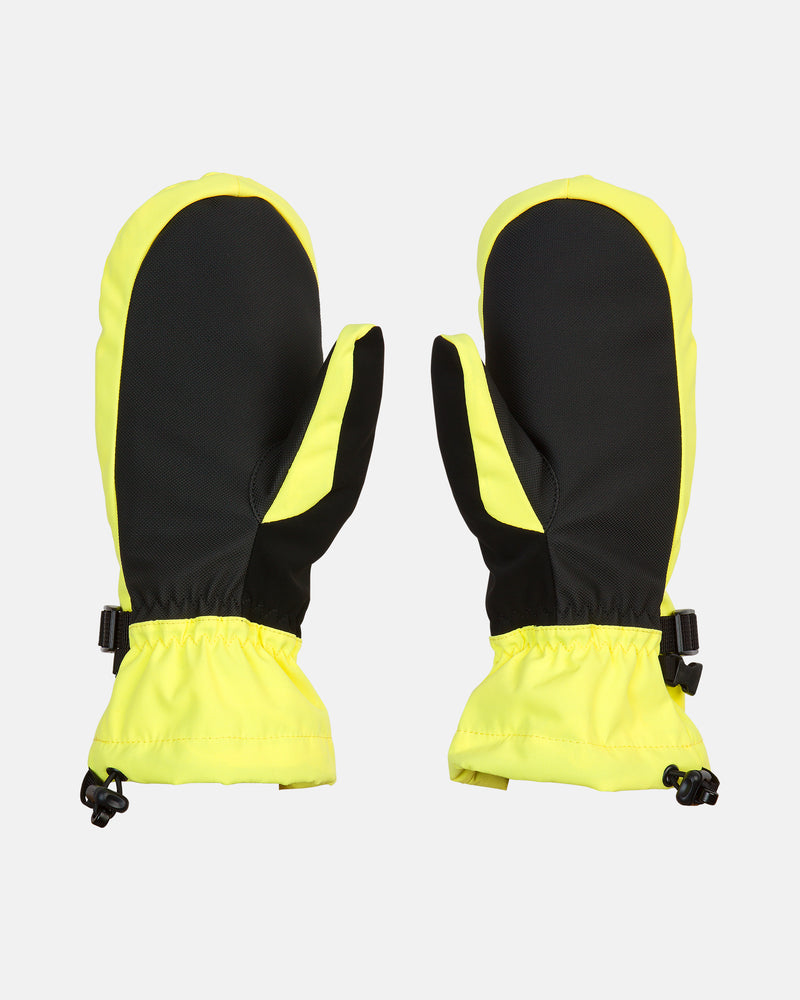 The Volcom Women’s V.Snow Over Mitts in yellow and black feature insulated construction, elastic wrists, and adjustable clips—all displayed on a white background—to deliver reliable warmth and protection for winter days.