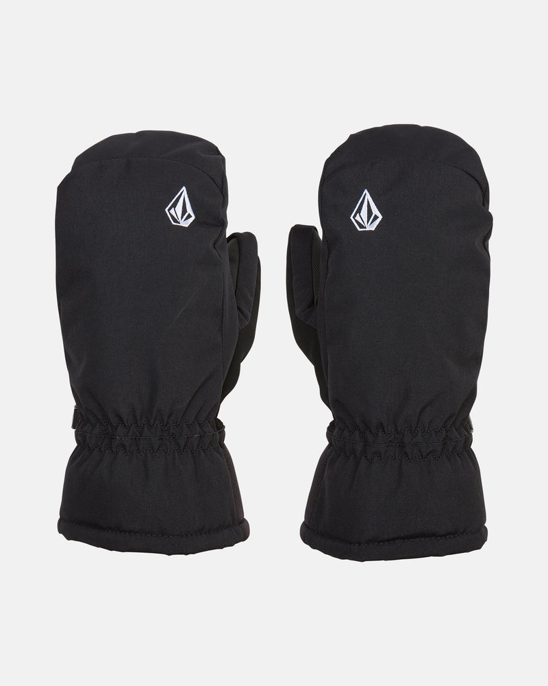 A pair of Volcom Women’s Upland Mitts in black are shown on a white background, featuring waterproof construction, elastic wrists, and a white Volcom logo on the back of each mitten. These insulated mittens are designed to keep your hands warm and dry in cold, wet conditions.