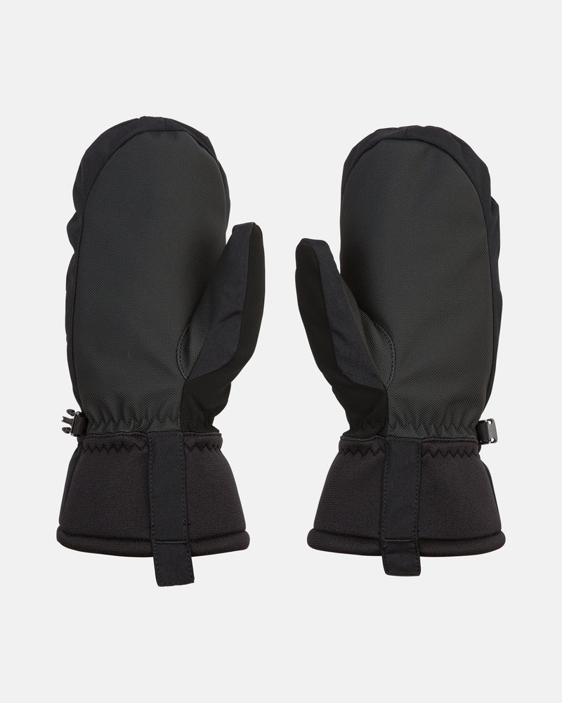 A pair of Volcom Women’s Upland Mitts in black, featuring wrist straps and tabs, displayed palm-side down against a plain white background.