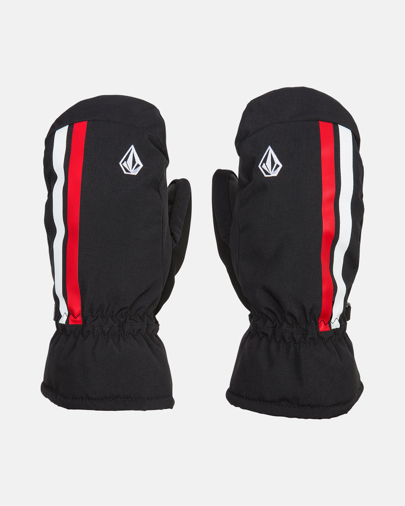 A pair of Volcom Women’s Upland Mitts in black, featuring red and white vertical stripes and a white geometric logo on each mitten, displayed against a white background. These insulated gloves are designed to keep your hands warm in cold conditions.