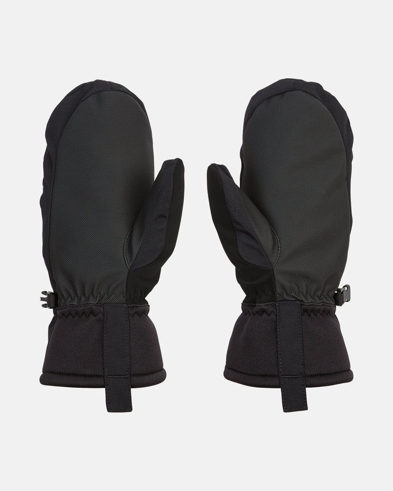 A pair of Volcom Women’s Upland Mitts in black with adjustable wrist straps, displayed from both the back and palm sides against a white background.