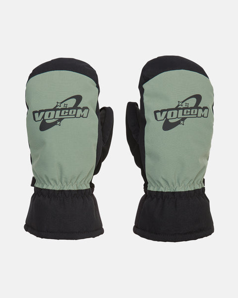 A pair of Women’s Upland Mitts by Volcom in green and black, featuring the Volcom logo on the back, displayed against a white background.