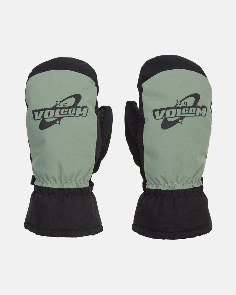 A pair of Women’s Upland Mitts by Volcom in green and black, featuring the Volcom logo on the back, displayed against a white background.