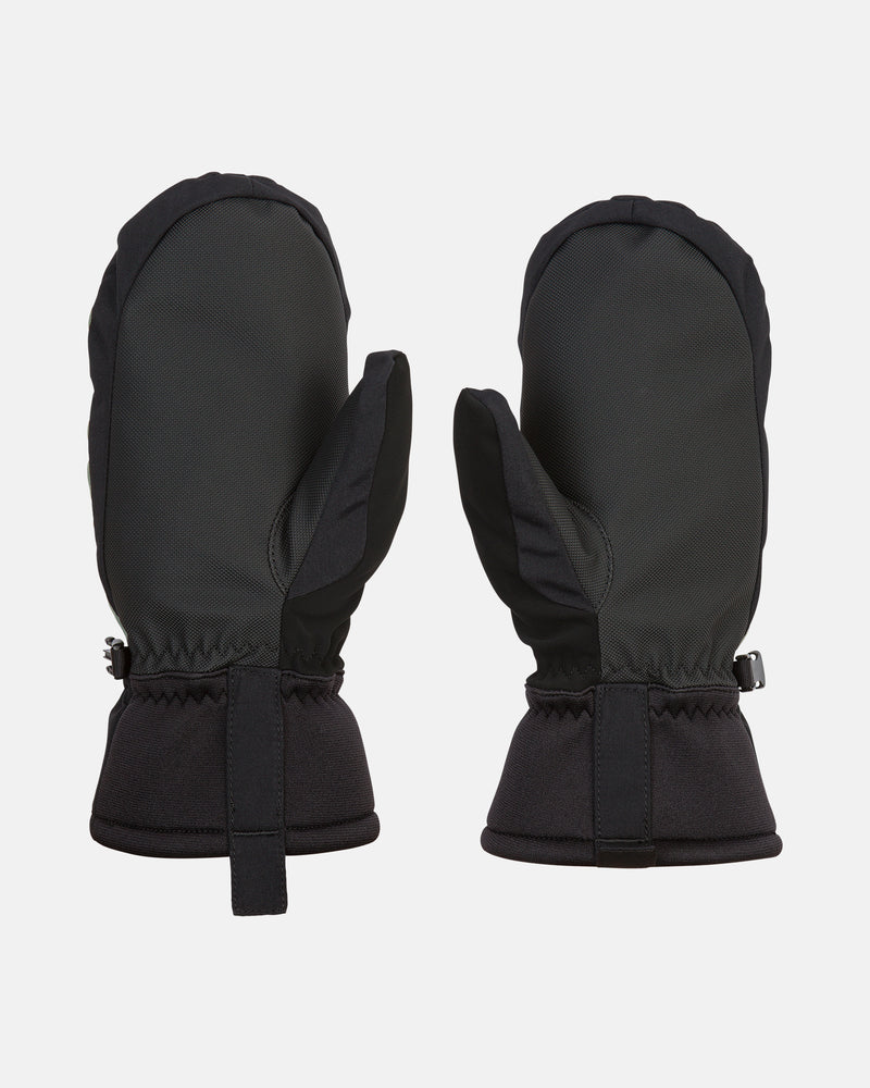 A pair of Volcom Women’s Upland Mitts in black, featuring waterproof material, elasticized wrists, and reinforced palms, displayed from both the back and palm sides against a plain white background.