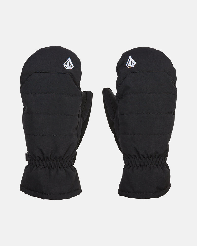 A pair of Volcom Women’s Quilt Loft Mitts in black, each featuring a white geometric Volcom logo on the cuff, displayed against a plain white background. These insulated winter mitts provide warmth and style for cold weather.