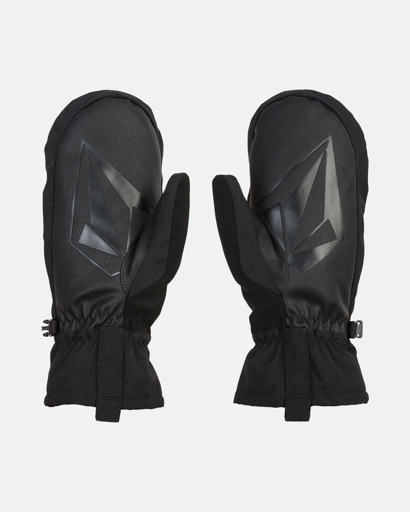 A pair of Volcom Women’s Quilt Loft Mitts, featuring a black insulated design with a geometric pattern on the back, gathered wrists, and adjustable straps, displayed on a plain white background.