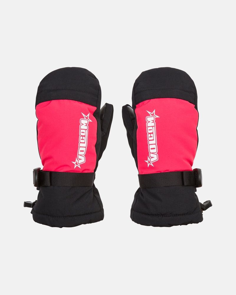 A pair of Volcom Kids’ Youth Day Saver Youth Mitts in black and pink, featuring a white Volcom logo on the pink section, designed with insulation for extra warmth, displayed on a white background.