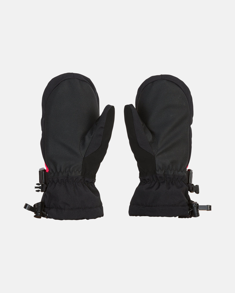 A pair of Volcom Kids’ Youth Day Saver Youth Mitts, insulated and black with adjustable wrist straps, displayed palm-side down on a white background.