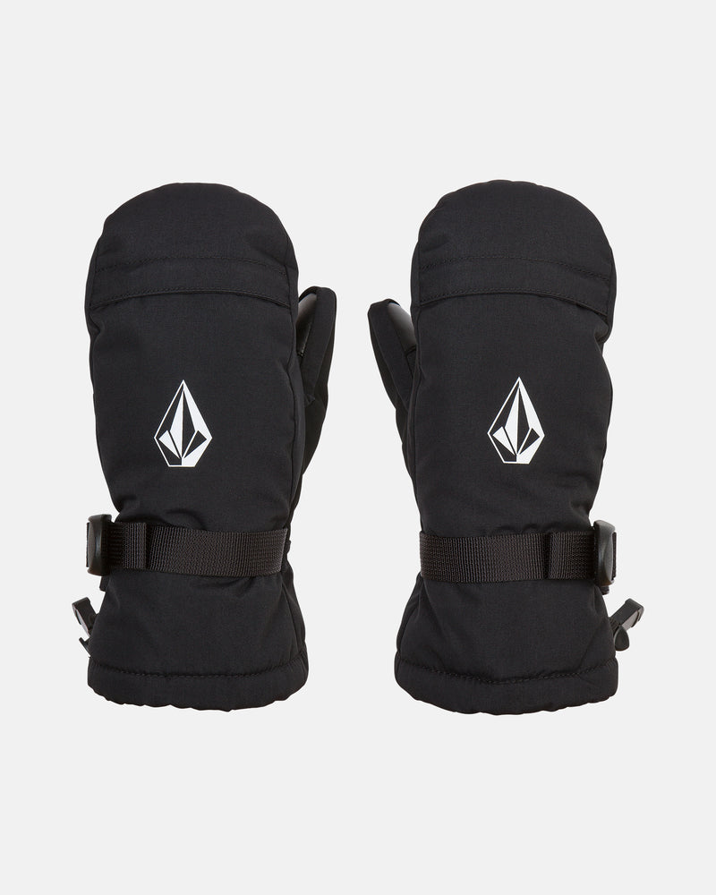 A pair of Volcom Kids’ Youth Day Saver Youth Mitts in black, featuring insulated construction, adjustable wrist straps, and a white geometric Volcom logo on the back of each mitten, displayed on a white background.