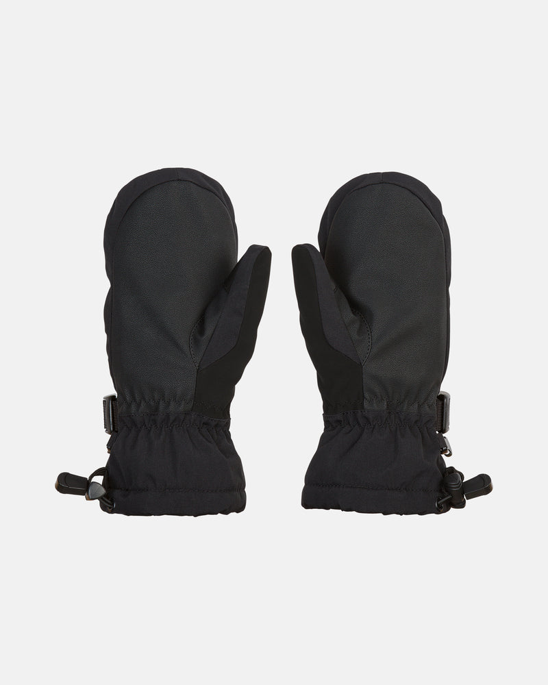 A pair of black Volcom Kids’ Youth Day Saver Youth Mitts features insulated construction, elastic cuffs, and attached clips, shown palm-down on a white background. These mittens are designed to keep young hands warm and protected during cold winter days.