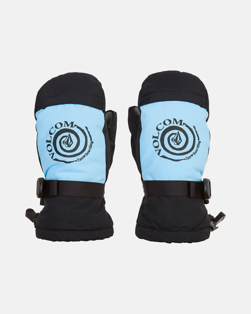 A pair of Volcom Kids’ Youth Day Saver Youth Mitts in black and light blue, featuring a logo and adjustable wrist straps, displayed side by side on a white background.