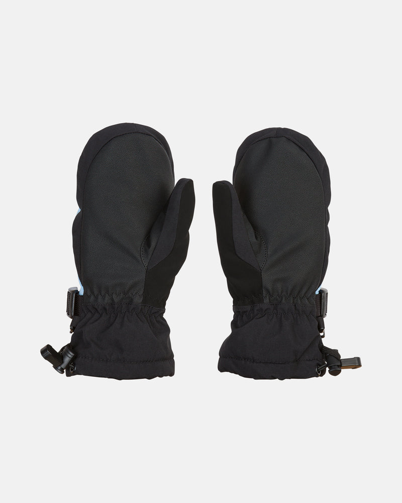 A pair of Volcom Kids’ Youth Day Saver Youth Mitts in black, featuring waterproof construction and adjustable wrist straps, is displayed palm-side down on a white background. These insulated mittens are ideal for keeping hands warm and dry during cold weather.