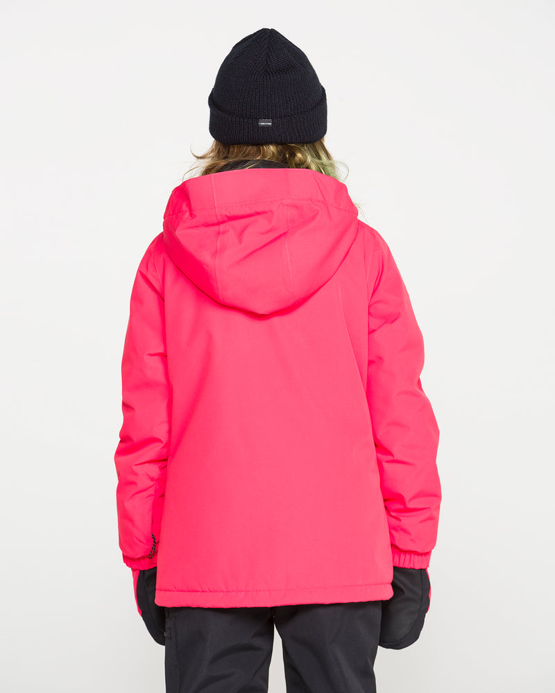 A person is seen from behind against a plain white background, wearing the Volcom Kids’ Sass’N’Frass Insulated Jacket in bright pink, featuring a helmet-compatible hood. They are also dressed in a black knit beanie, black gloves, and black pants.