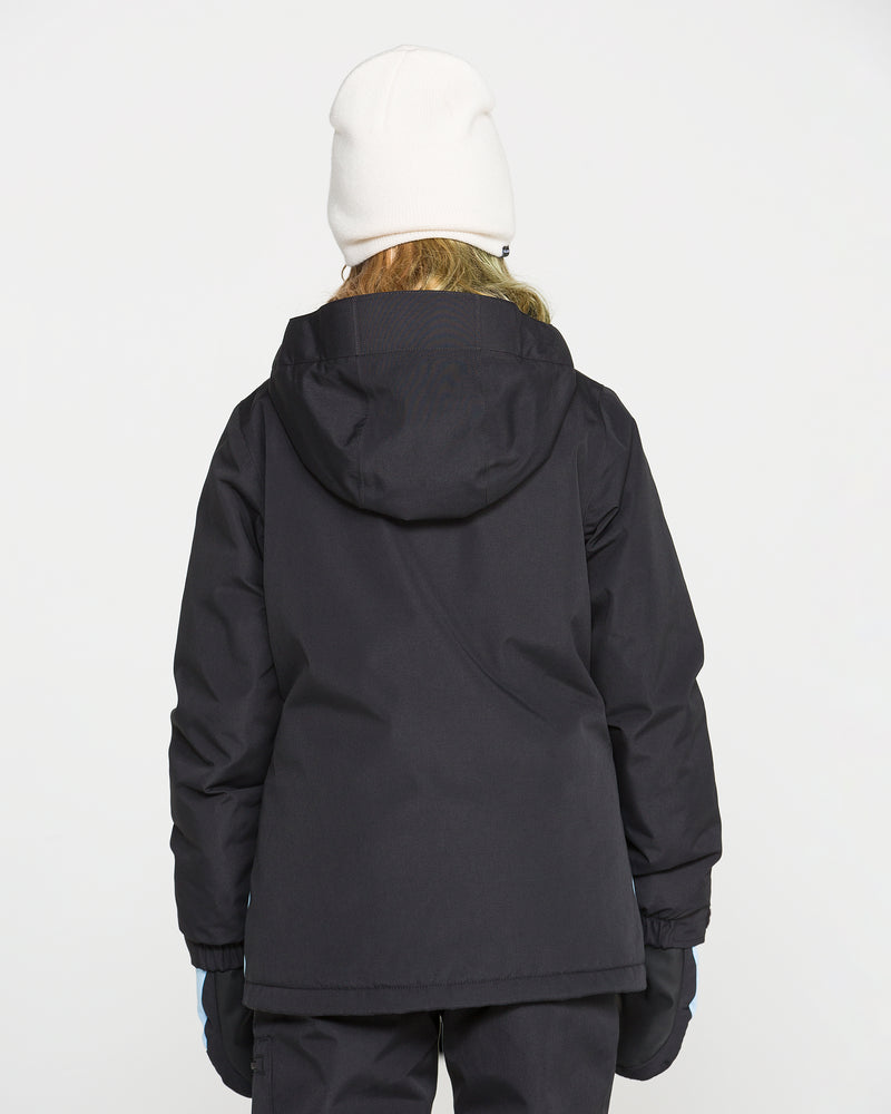 A person is seen from behind against a plain light background, wearing the Volcom Kids’ Sass’N’Frass Insulated Jacket in black, paired with black gloves and a white beanie.