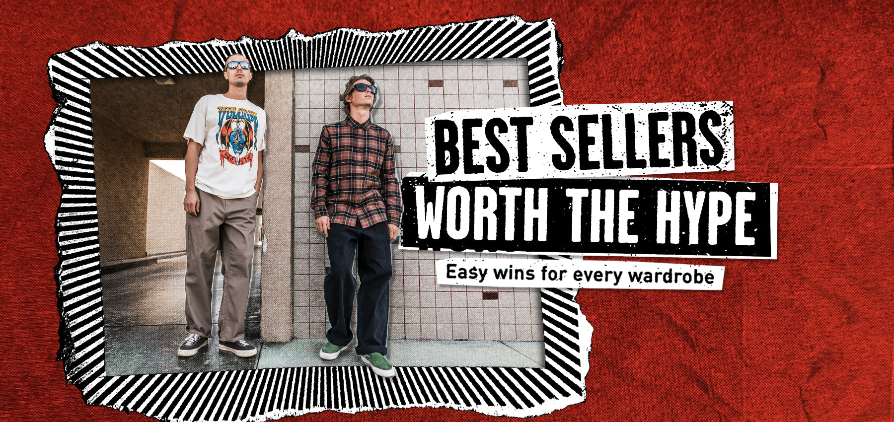 Two people standing in a hallway with text overlay on a red background