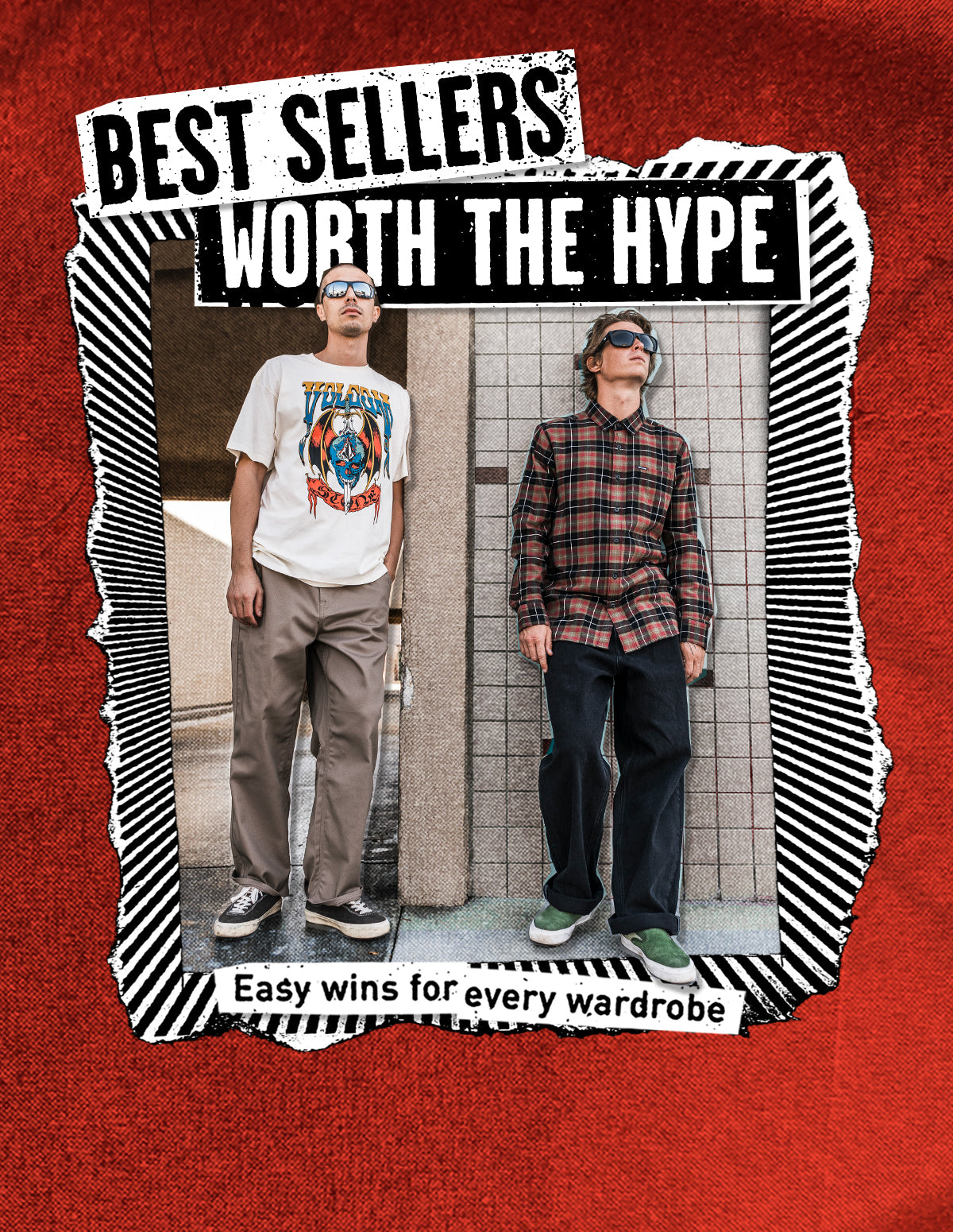 Two people standing against a wall with text 'Best Sellers Worth the Hype' on a red background.