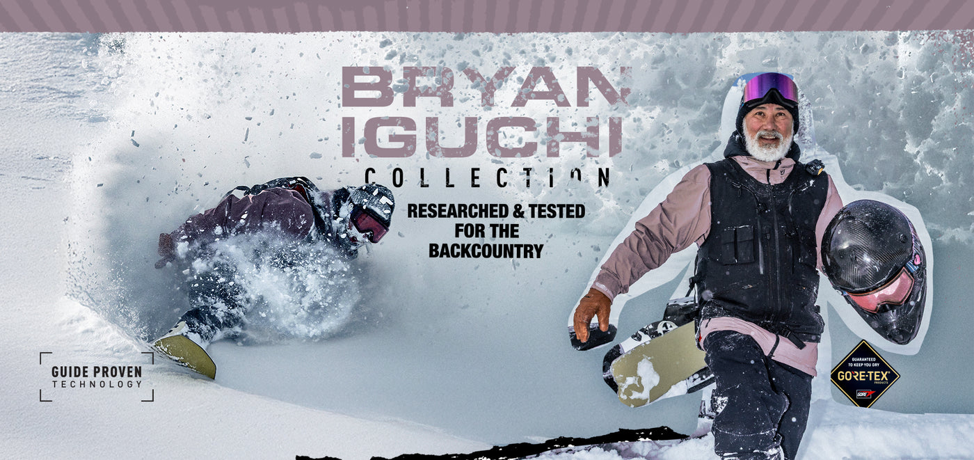 Bryan Iguchi Collection: researched & tested for the backcountry. Guide proven technology, gortex. Image of Bryan walking through snow