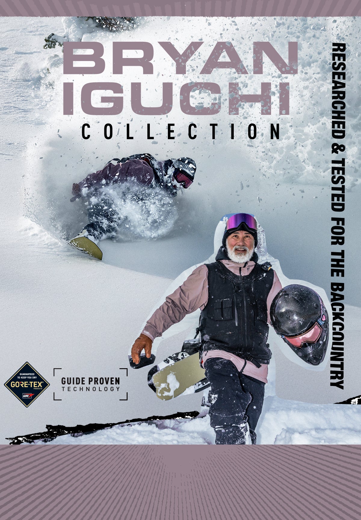 Bryan Iguchi Collection: researched & tested for the backcountry. Guide proven technology, gortex. Image of Bryan walking through snow