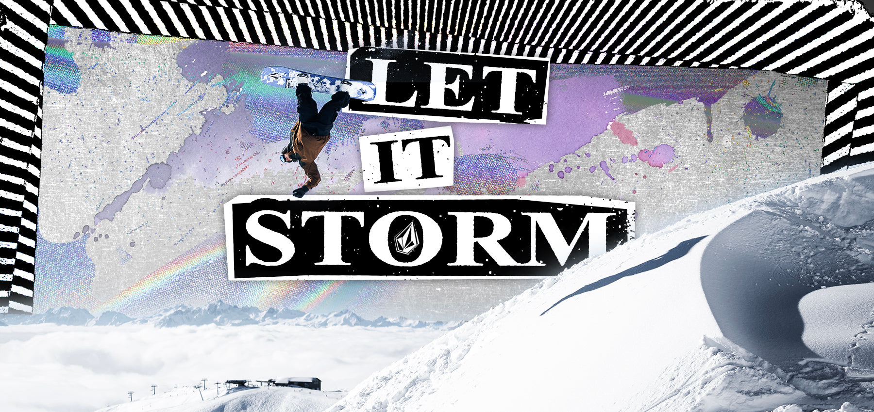 Person snowboarding with 'Let It Storm' text and Volcom logo on a snowy background