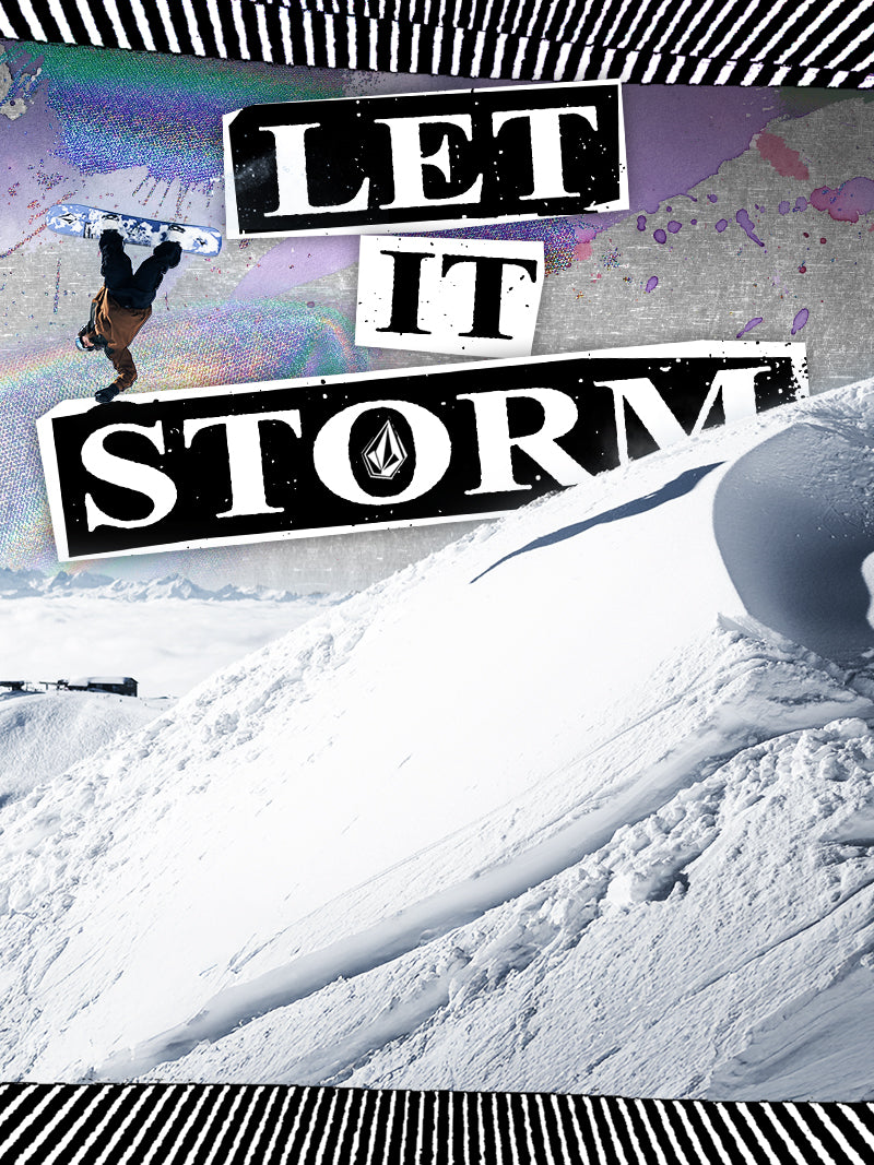 Snowboarder performing a trick on a snow-covered slope with 'Let It Storm' text overlay.