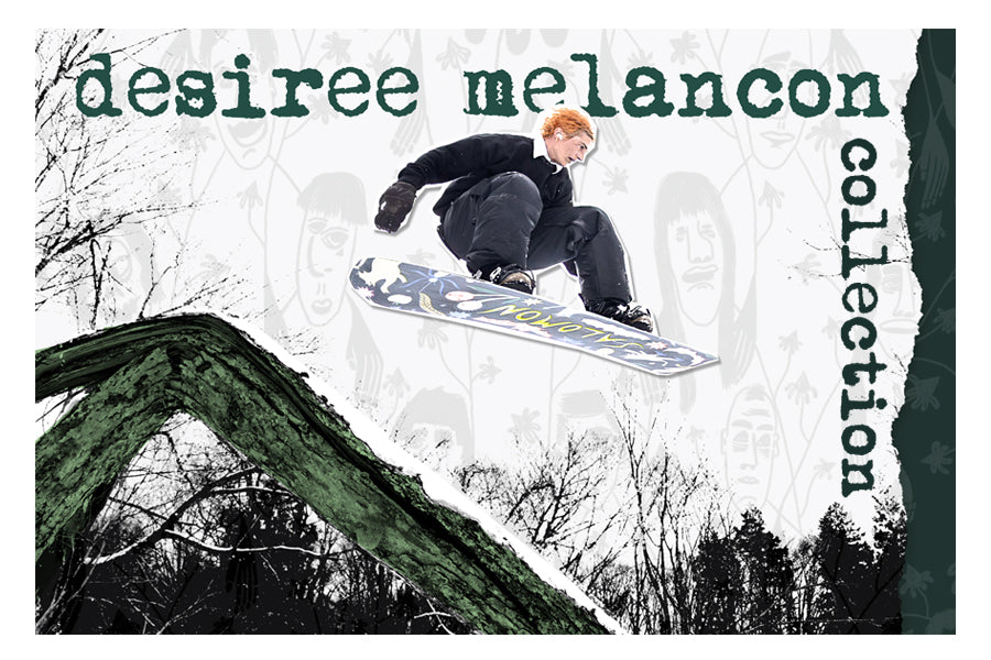 Person snowboarding with 'desiree melancon collection' text overlay