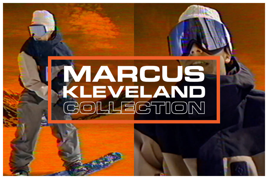 Two people in winter sports gear with 'Marcus Kleveland Collection' text overlay.