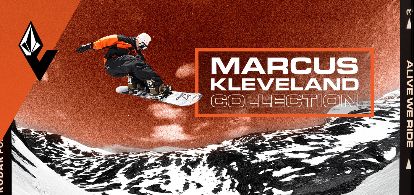 Snowboarder in action with 'Marcus Kleveland Collection' text on an orange background