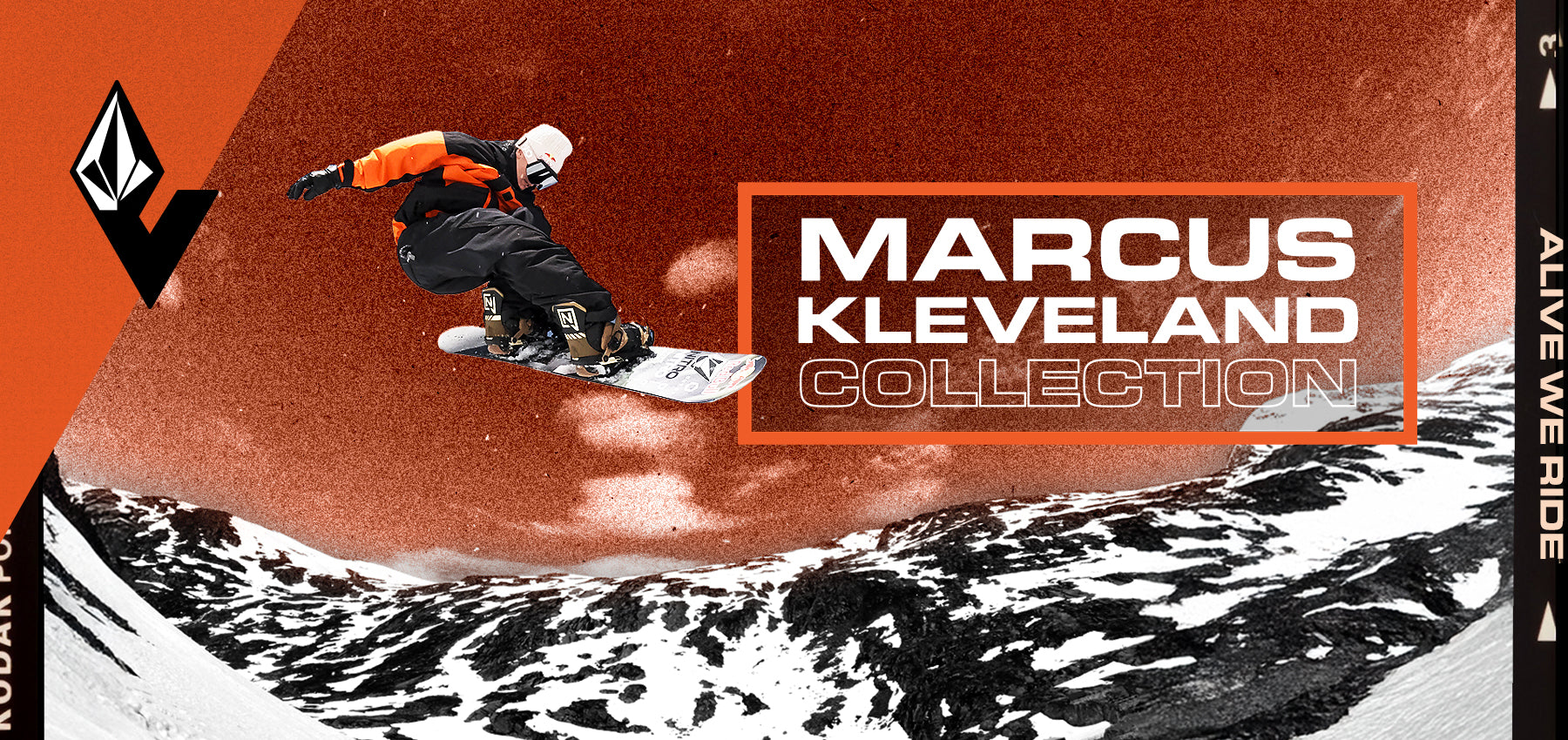 Snowboarder in action with 'Marcus Kleveland Collection' text on an orange background
