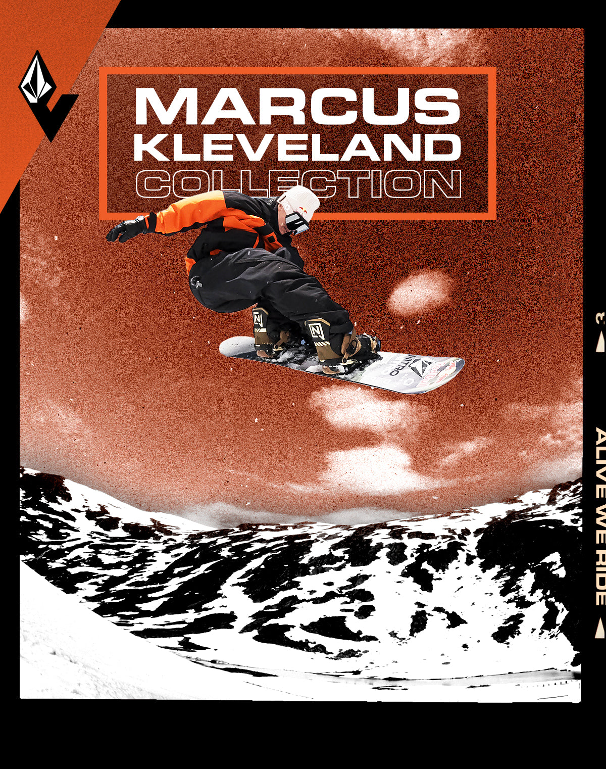 Snowboarder in mid-air with 'Marcus Kleveland Collection' text on a red background