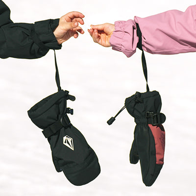Black mittens with a brand logo on a white background