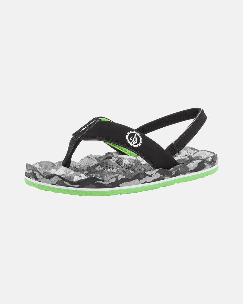 The Volcom Kids' Recliner 2 Little Youth sandal is black and gray with green accents, camo sole, backstrap, comfort foam footbed, water-friendly design, and a circular logo on the strap.
