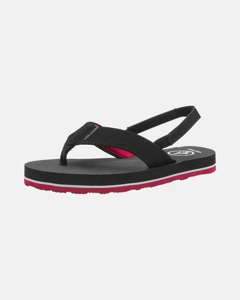 The Volcom Kids' Victor 2 Little Youth sandal in black and pink features a thong strap, ankle support, recliner comfort foam, textured sole, and visible logos on the strap and footbed, displayed against a plain white background.