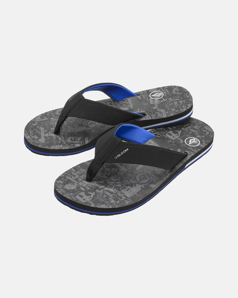 The Men's Victor Sandals by Volcom are black and gray with blue accents, patterned soles, and Recliner Comfort Foam for support. Water-friendly, they feature the Volcom logo on the straps and footbeds, shown on a plain white background.